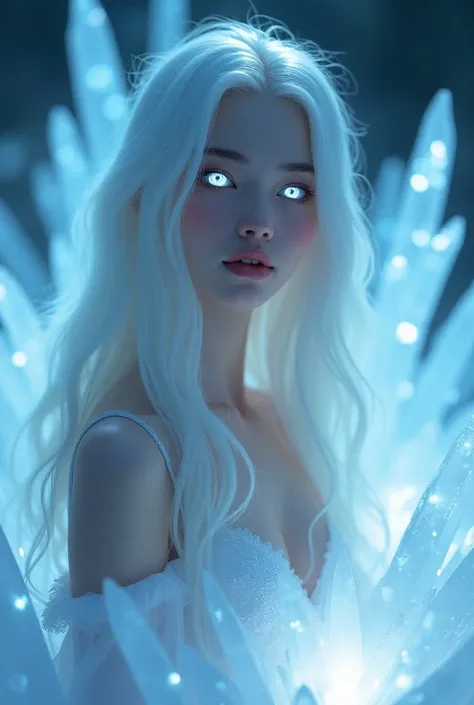 Beautiful girl. White skin and flawless .  white hair , long and semi wavy. white eyes.  Whole body. surreal art is surrounded by biellating crystal flowers looks beautiful and ethereal 