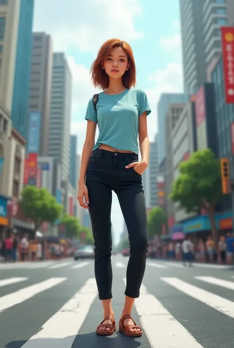 A  female teenager Light blue T-shirt, black pants and brown open strap sandals On the heel in a city