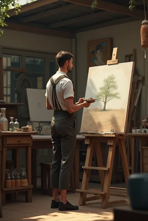 Natural and realistic image of a person in a workshop painting a picture 