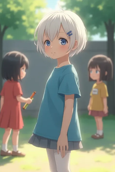 White girl , 10y, standing, side view, blue shirt, white pantyhose, short pixie hair, small earrings, hair pin, blue eyes, shy, playground, girls in background