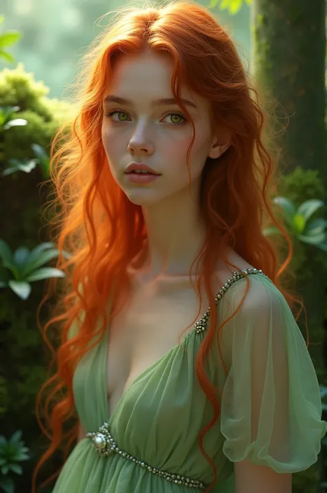  A young redheaded woman with long hair with honey-colored eyes, pale, in a transparent moss green dress  