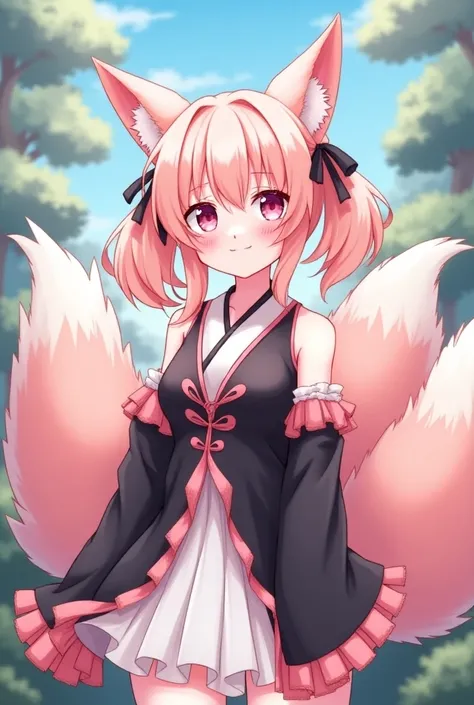 anime art style, female character, light pink long hair with pigtails, peach color eyes, pale skin, light pink fox ears, black and white kitsune custome with pink details, four big fox tails, really happy fantasy background