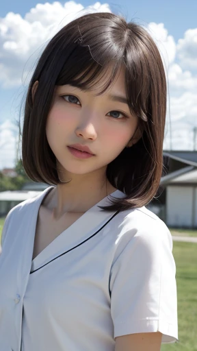  Best Quality, 8k, , (Japanese) ,, slender, RAW Photos,  absurd, You are in an award-winning portrait, (Detailed face,  has a smiling face )、{3 | 2} Girl standing in schoolyard, Cumulonimbus clouds in the summer sky, woman&#39,((Summer clothes:1.5)),  , (V...