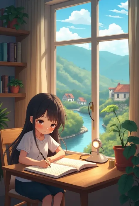 Generate two photos of a girl writing a book from her house and from her bedroom window anime version 