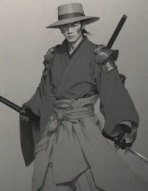  a drawing of a man with a sword and a hat,Electric kimono and cyborg look 