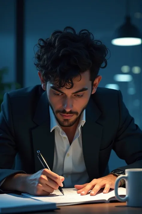 Hello SeaArt,all good?
 I want you Create an image of a man who is working at your company at night because he Are you working overtime. Do it by fiddling with a white notebook , and leave a coffee next to your notebook . This man has curly hair , but this...