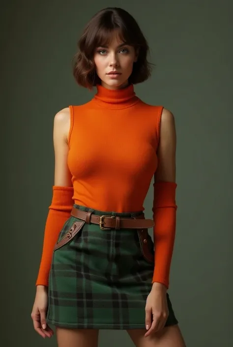 Curvaceous female,orange sleeveless turtleneck sweater, green plaid skirt, brown leather belt over sweater around waist, medium length bowl hair style, below knee length brown boots, blue eyes 