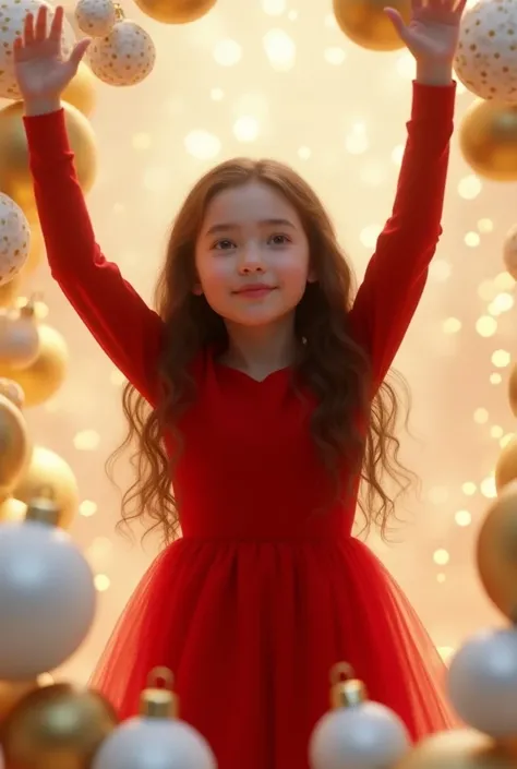 girl with long dark wavy hair, red Christmas dress , white test,  with her arms raised ,  against the background of white and gold spheres 
 