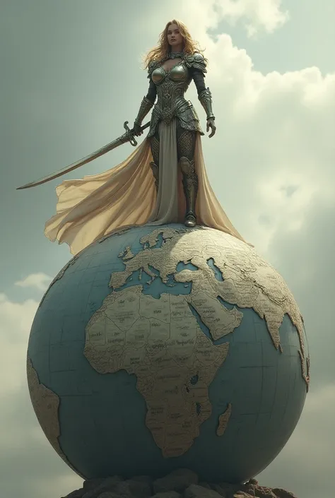 Image of a beautiful warrior with armor and sword in her hand, At the top of the globe.