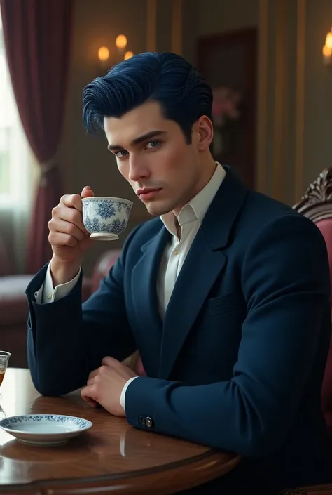  A handsome guy with short blue hair and dark blue eyes. Sitting at a table in aristocratic clothes and drinking tea .