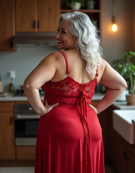 A fashionable an older American woman, 80years old, older, 1 plus size model, sexy and hot, silver wavy hair, chubby, big boobs, big hips, fashion model, nice face, bold makeup, smile,from behind, huge hips, wearing a sheer short spaghetti strap lace flowy...