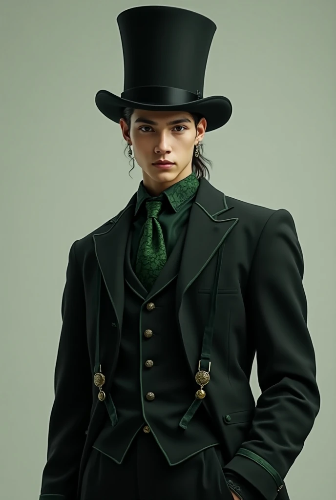  Tall boy with his hair tied green , Wear a Clash top hat in the color black ,   wears a suspender on his body and a suit over the top ,  his suit has the predominant color black and green details and a green tie