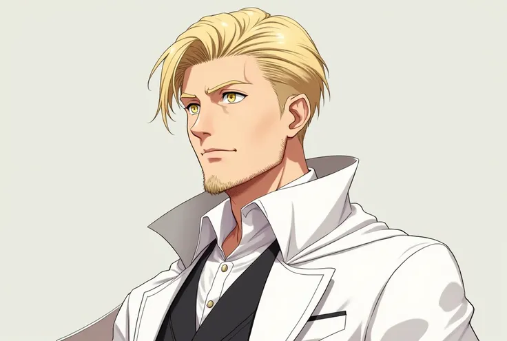 Make it anime style,  a man with short blond hair , with yellow eyes, he has a beard, He has fair skin ,  he wears a white suit with black stripes,  a white cape over his suit , 