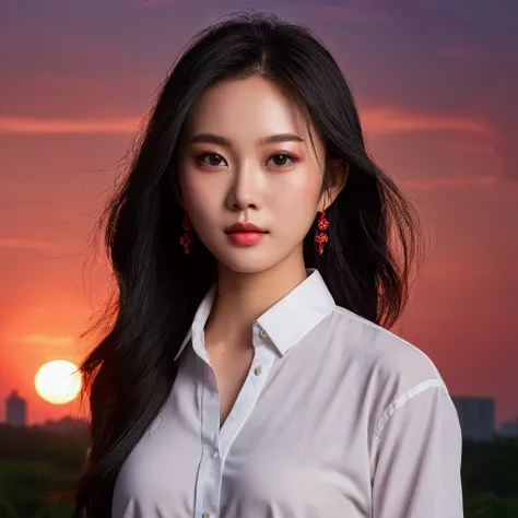 arafed woman with a black shirt and a red sunset, yanjun chengt, chinese girl, inspired by yanjun cheng, gorgeous chinese model,...