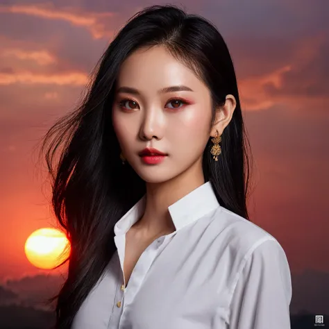 arafed woman with a black shirt and a red sunset, yanjun chengt, chinese girl, inspired by Yanjun Cheng, gorgeous chinese model, high quality portrait, beautiful asian girl, beautiful south korean woman, young and cute girl, beautiful digital artwork, with...