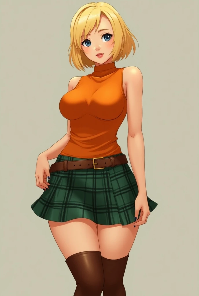 Curvaceous female,orange sleeveless turtleneck sweater, green plaid skirt, brown leather belt over sweater around waist, blonde medium length bowl hair style, below knee length brown boots, blue eyes, Anime-style 