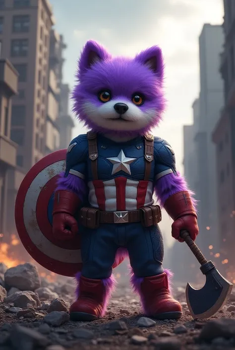 In this image we see a Bichon dog with purple fur. ,  he has a defended and muscular body ,  you have bright brown eyes  ,  with a specific expression .

 He is wearing Captain Americas uniform in one hand he holds the dark of Captain America in the other ...