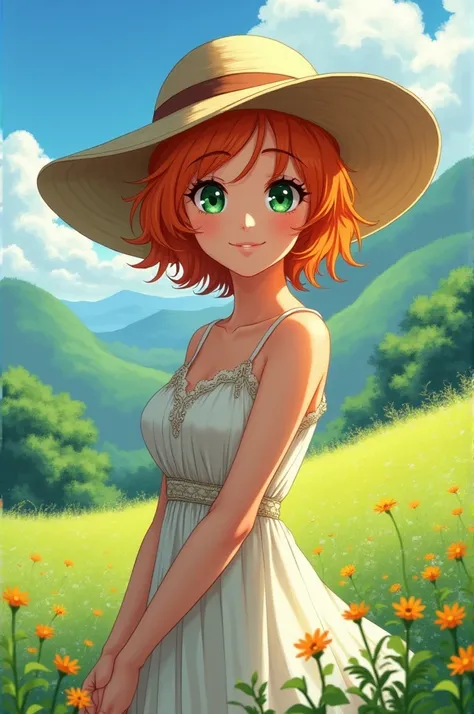 an older woman, orange hair, green eyes, dark skin,  wearing a summer dress and a brimmed hat, in a green field, facial expression I cheered up , anime style 