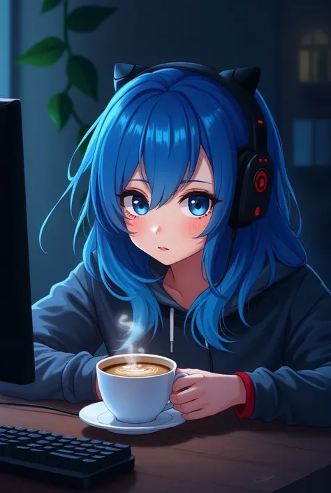 Gamer girl with long blue hair,  whether coffee 