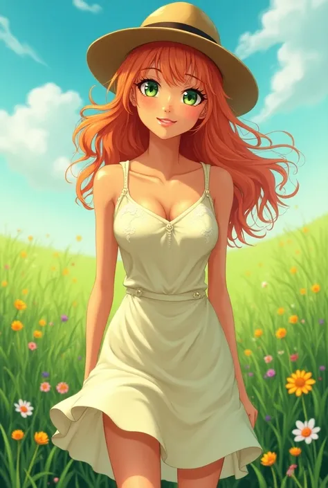 An mature woman, orange hair, green eyes, brown skin, wearing a summer dress and a fedora, standing in a green field, cheerful facial expression, anime style 