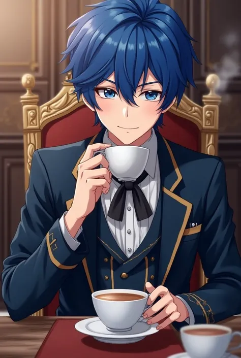  A handsome guy with short blue hair and dark blue eyes. Smiles impudently. Sitting at a table in aristocratic clothes and drinking tea . in anime style.