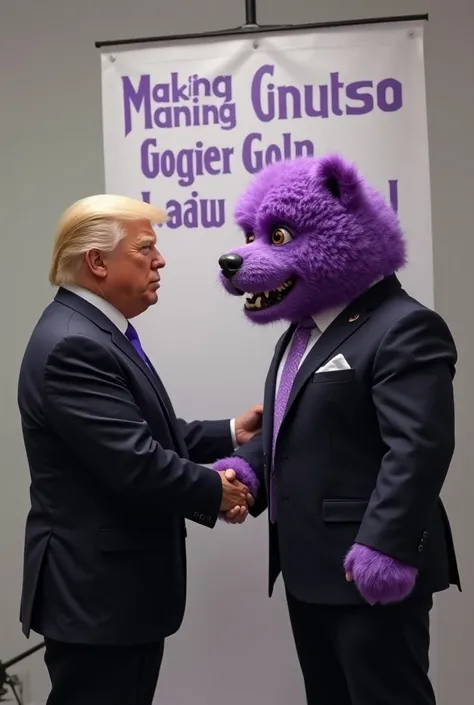 In this image we see a Bichon dog with purple fur. ,  he has a defended and muscular body ,  you have bright brown eyes  ,  with a specific expression .

He wears a black suit and purple lettering  ,  is shaking hands with Donal Trump over them a written b...