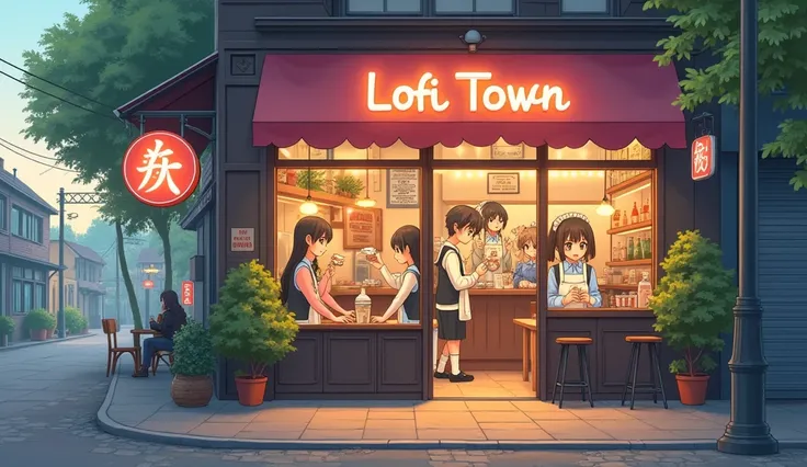 Anime cafe. The sign in front of the store says Lofi town