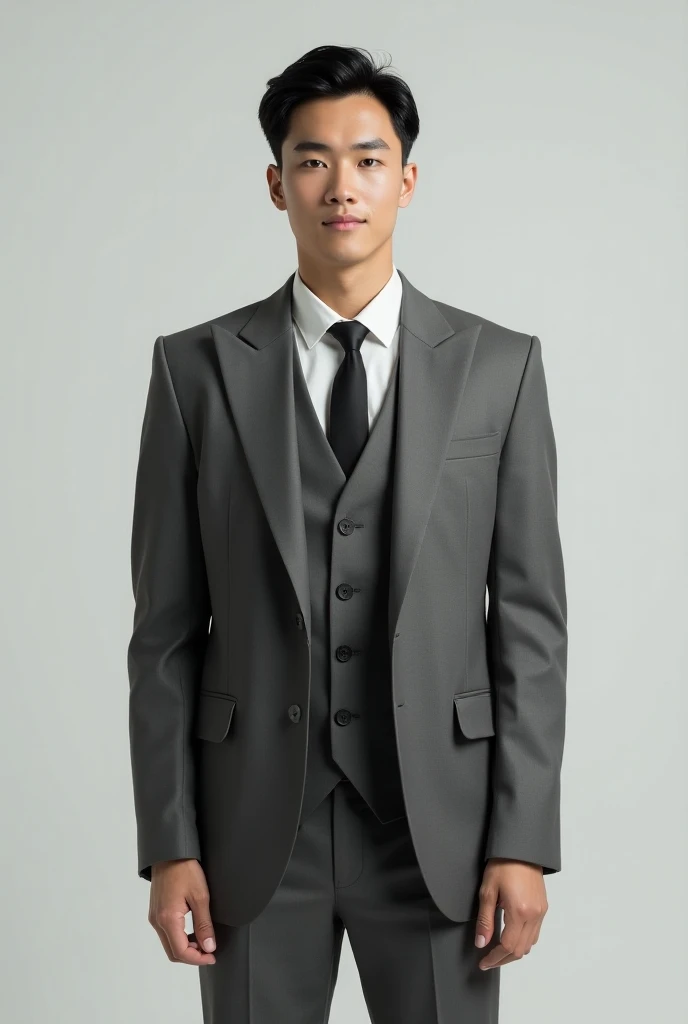 Create a realistic image of a young man in a classic grey suit, posing in a model-like manner. The suit has wide lapels that extend halfway between the neck and shoulders. The facial features should be neutral and simple, allowing for future deepfake modif...