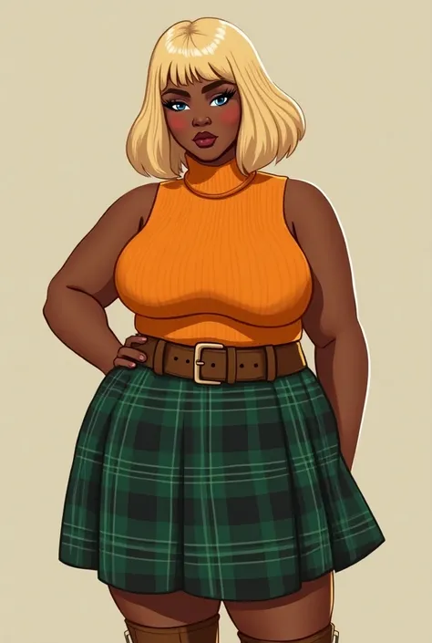 Curvaceous female african,orange sleeveless turtleneck sweater, green plaid skirt, brown leather belt over sweater around waist, blonde medium length bowl hair style, below knee length brown boots, blue eyes, Anime-style 