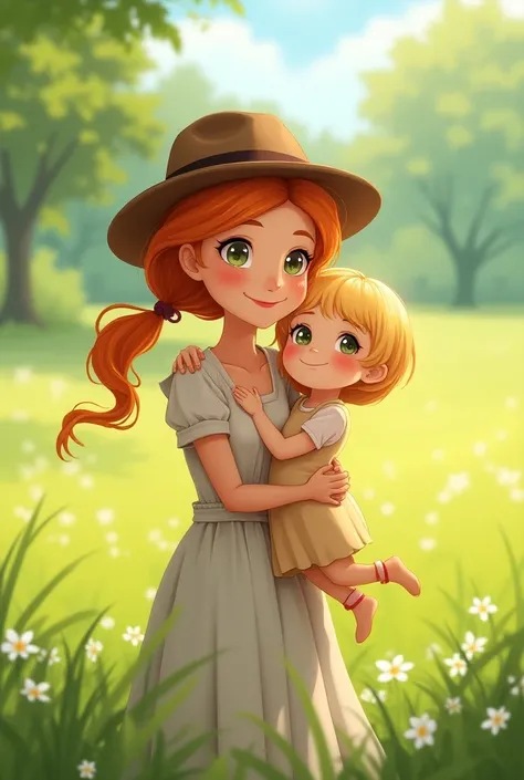 An mature woman, orange hair, green eyes, brown skin, wearing a summer dress and a fedora, standing in a green field, cheerful facial expression, Carrying a little blonde girl in her arms, mother and daughter, Semi real anime style