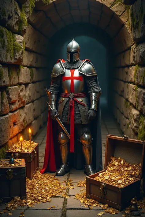 "A brave Templar knight in full armor, standing in ancient catacombs. The stone walls are covered in moss, and dim torchlight flickers across the scene. Scattered around the knight are chests overflowing with gold coins, jewels, and ancient artifacts. In t...