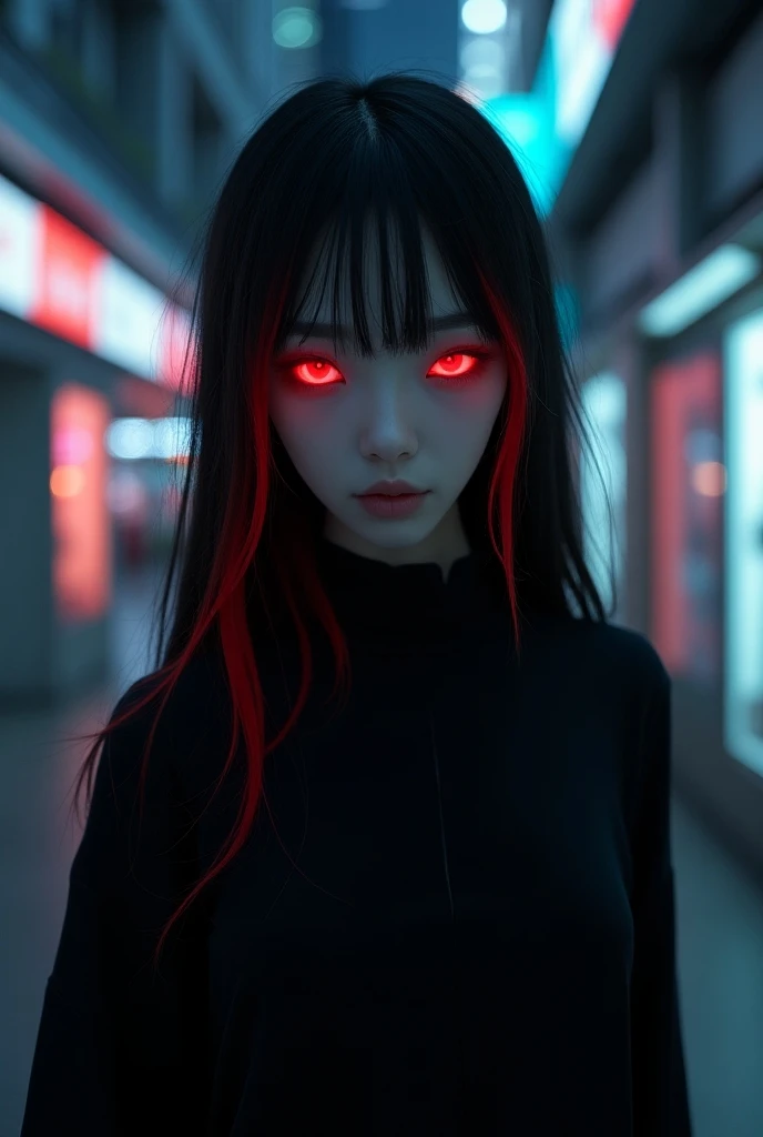 A white character with red eyes she has Korean features and her hair is black with red tips and she has a fringe and two pieces of hair on the front that also have red tips and she wears black clothing from Gogo Auto and a long shirt and a long sleeve shir...