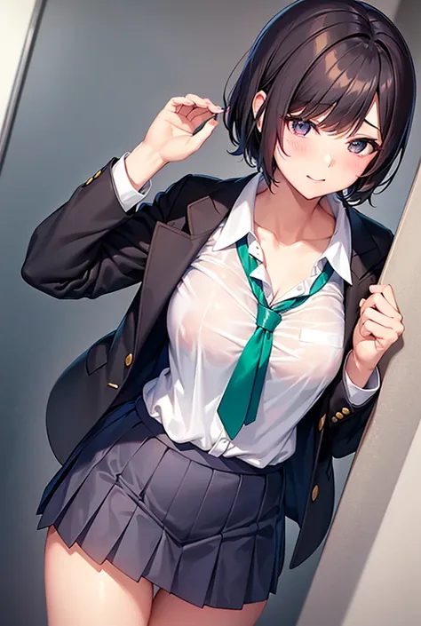 ｛cute short-haired schoolgirl with wet blazer and dark green tie ｝,     cute short haired high school girl wearing ブレザーと濃い緑のネクタイ    ,  plaid pleated skirt ,Panty shot,｛｛｛ cute short haired high school girl with big breasts and erect nipples ｝｝｝    ,   and ...