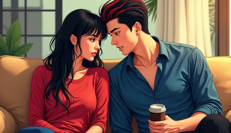  a beautiful woman with straight black hair big breasts red sweater green surprise sitting on a couch looking at a handsome man with red black hair drinking coffee smiling blue shirt black pants with his hands on his belt looking down, a handsome man with ...