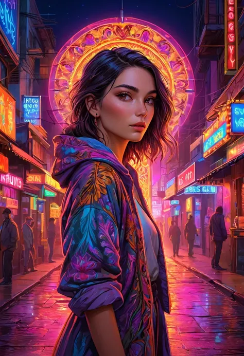 Key art, a beautiful woman, neon colors, intricately detailed, masterpiece, award winning art, deep serenity is infused throughout the imagery, evocative, expressive, emotive art, 8k, hdr