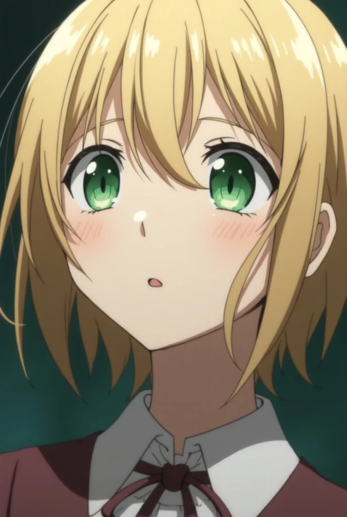 Screenshot of DIABOLIK LOVERS, a teenager with delicate features, short light blonde hair a little below the shoulders, pale skin, green eyes with equally blonde eyelashes.