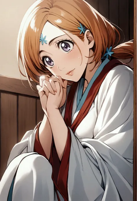 1girl, Inoue Orihime, bleach, Light blond hair, wavy ponytail, dark purple eyes, fair skin, soft face, school uniform, white kimono-style robe, red decoration, simple accessories, elegant temperament, kind, optimistic, selfless, healing ability, Shield Shu...