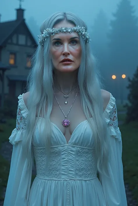 Demi Moore as a white skin witch wearing a white medieval dress that covers everything including her neck, white woman, grey skin, white and grey very long hair with a white headband, silver necklace with a pink circle diamond in the middle, all white skin...