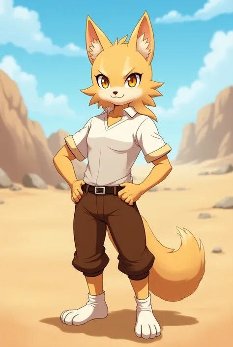 s
Man
Yellow eyes
Sand-colored humanoid cat
Fluffy wool, long tail.
Fit, slightly pumped up, High.
 is wearing a white , brown trousers, white socks.
Anime style, 