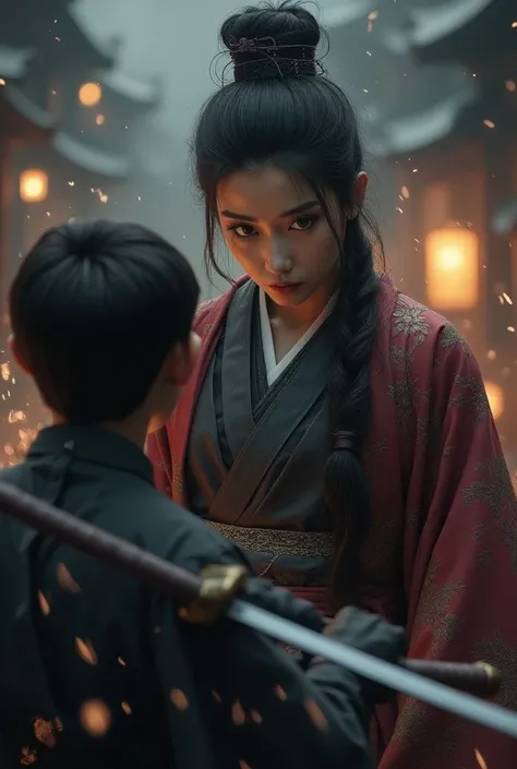 Hight quality, realistic, very beautiful woman shogun, cut throat a boy ninja