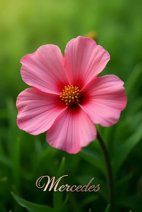 A pink flower with a beautiful green lawn, something like an icon for WhatsApp (realistic version 4k) that says Mercedes in cursive and shiny letters
