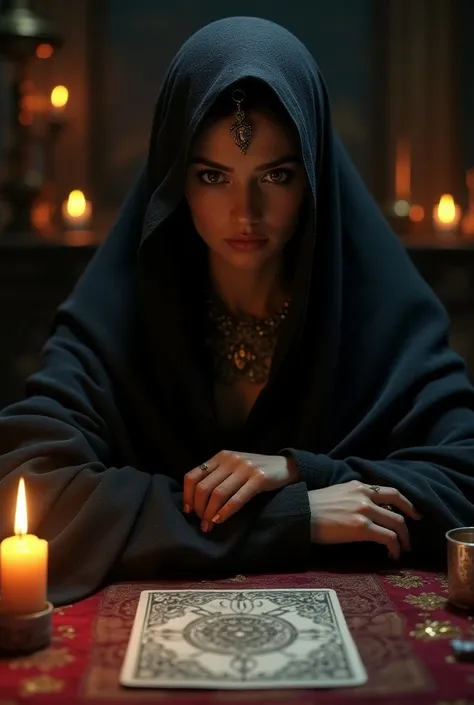 A fortune teller ,  With cards under the table  ,   she is sitting at the seers table looking directly into the camera. realistic image, with high quality 8k