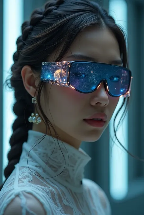 The model is wearing Nago braid sunglasses with glass braid box with stars and the moon on the glass