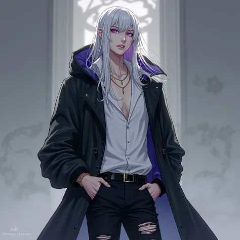 ((drawing)), ((fanart)), 1boy, tall, handsome face, long straight white hair, purple eyes, white shirt, black hoodie, black ripped pants, black gloves, canine teeth, light skin, black hood , black boots.