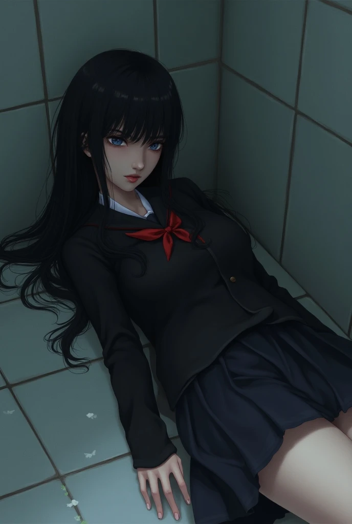  Create a white girl with long black hair with bangs,Shes lying on the bathroom floor ,She is wearing a black and red school uniform 