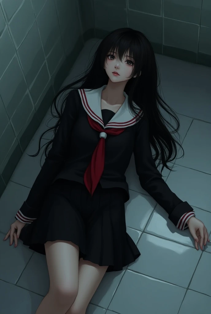  Create a white girl with long black hair with bangs,Shes lying on the bathroom floor ,She is wearing a black and red school uniform