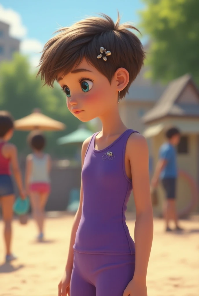 White girl , 10y, 2:3, standing, side view, tight violet jumpsuit, short pixie hair, small earrings, hair pin, blue eyes, shy, playground, girls in background