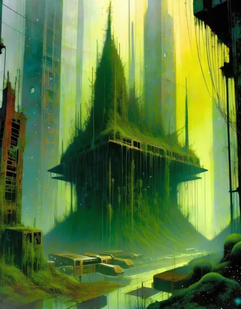 abandoned futuristic city, rusty, moss and nature, gloomy, horror tones,art inspired by Bill Sienkiewicz and Dave McKean
