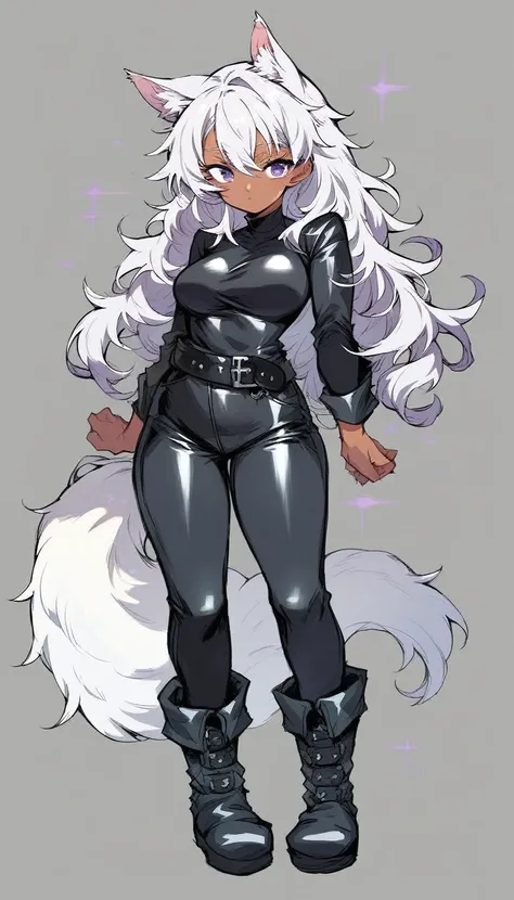 Solo, score_9, score_8_up, score_7_up, wolf girl, long wavy silver hair, dark skin, fluffy tail, defined belly, medium breasts, purple eyes, wearing black tight-fitting leather tunic showing her belly, black tight-fitting leather pants, black boots, sturdy...