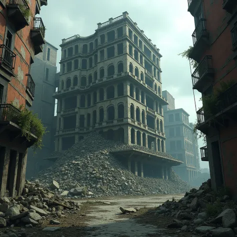 Collapsed and ruined building forming a heap of rubble in a dilapidated city